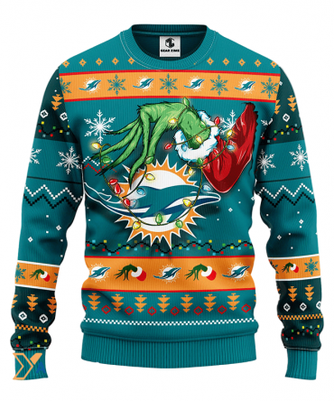 Ugly Christmas Sweater Miamidolphins, Grinch Light Green/Orange