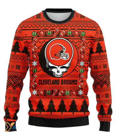 Ugly Christmas Sweater Cleveland-Browns, Skull Black/Orange