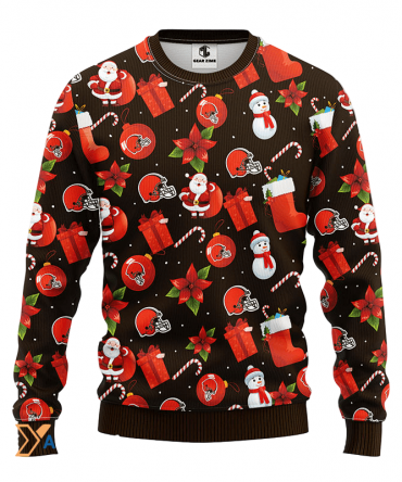 Ugly Christmas Sweater Cleveland-Browns, Santa Claus Snowman Brown