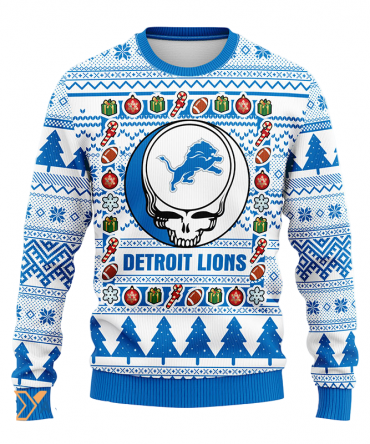 Ugly Christmas Sweater Detroit-Lions, Skull Blue/White