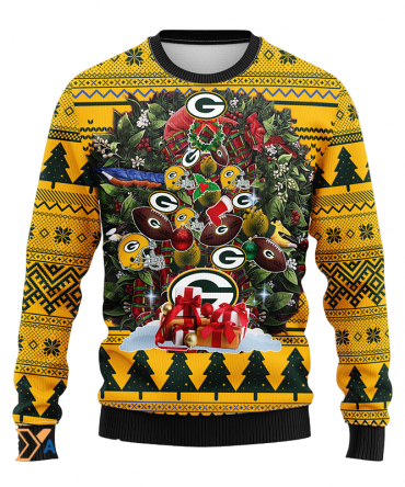 Ugly Christmas Sweater Green-Bay-Packers, Tree Ball Christmas Green/Yellow