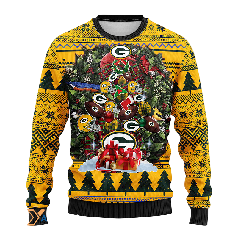 Ugly Christmas Sweater Green-Bay-Packers, Tree Ball Christmas Green/Yellow