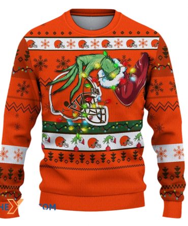 Ugly Christmas Sweater Cleveland-Browns, Go Cleveland-Browns Grinch Christmas Snowflakes Orange
