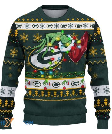 Ugly Christmas Sweater Green-Bay-Packers, Go Green-Bay-Packers Go Grinch Christmas Snowflakes Green