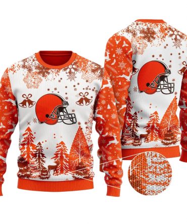 Ugly Christmas Sweater Cleveland-Browns, Dawg Pound Grinch Christmas Snowflakes Pine Tree White Orange