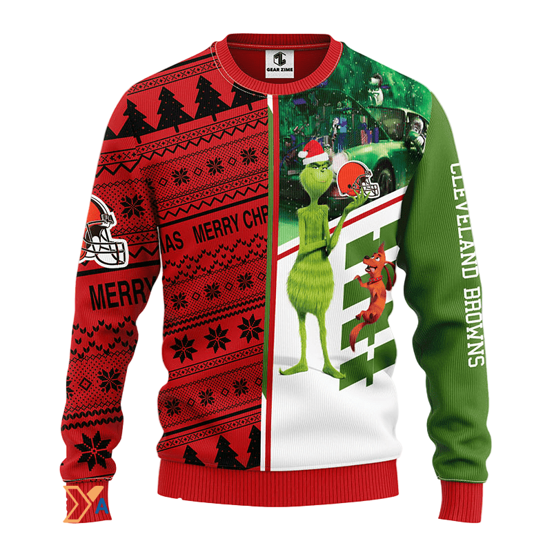 Ugly Christmas Sweater Cleveland-Browns, Grinch Red/Green/White