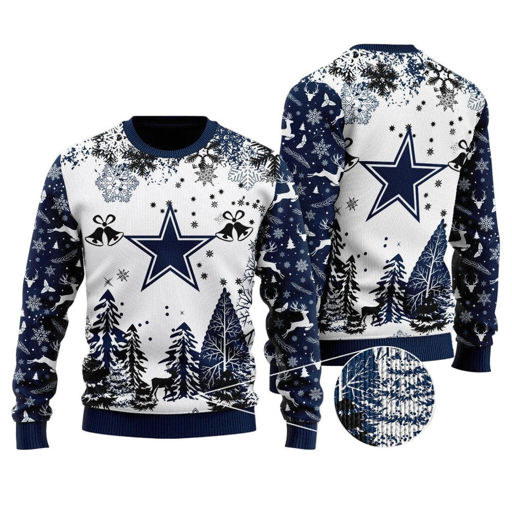 Ugly Christmas Sweater Dallas-Cowboys, America's Team Grinch Christmas Snowflakes Pine Tree White Navy
