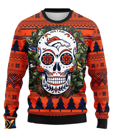 Ugly Christmas Sweater Denver-Broncos, Skull Flower Blue/Orange