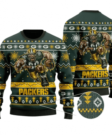 Ugly Christmas Sweater Green-Bay-Packers, Snow Flowers Green/Yellow