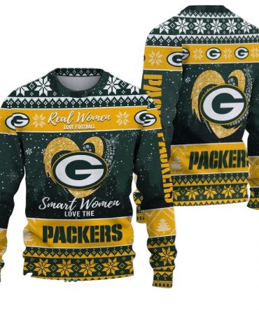 Ugly Christmas Sweater Green-Bay-Packers, Grinch Christmas Green-Bay-Packers In Heart Snowflakes City Shadow Green Yellow