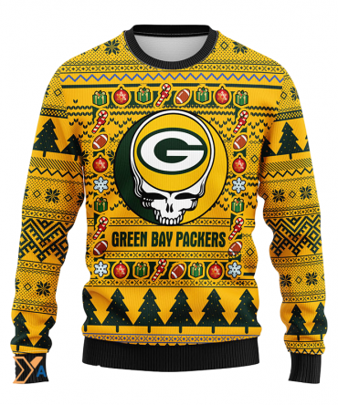 Ugly Christmas Sweater Green-Bay-Packers, Skull Green/Yellow