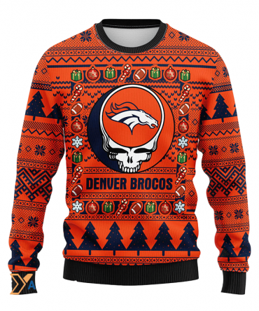 Ugly Christmas Sweater Denver-Broncos, Skull Black/Orange