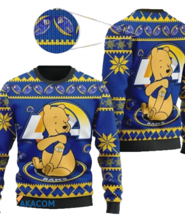 Ugly Christmas Sweater Los-Angeles Rams, Cute Pooh Bear Blue/Yellow