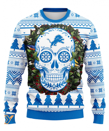 Ugly Christmas Sweater Detroit-Lions, Skull Flower Blue/White