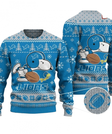 Ugly Christmas Sweater Detroit-Lions, Graphic Dog Blue/Grey
