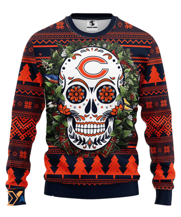 Ugly Christmas Sweater Chicago-Bears, Skull Flower Blue/Orange/Black