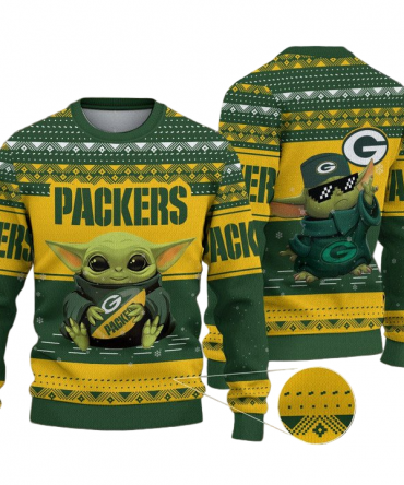 Ugly Christmas Sweater Green-Bay-Packers, Baby Yoda Green/Yellow