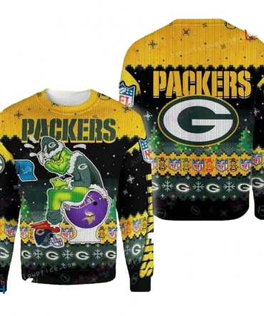 Ugly Christmas Sweater Green-Bay-Packers, Grinch Black/Yellow