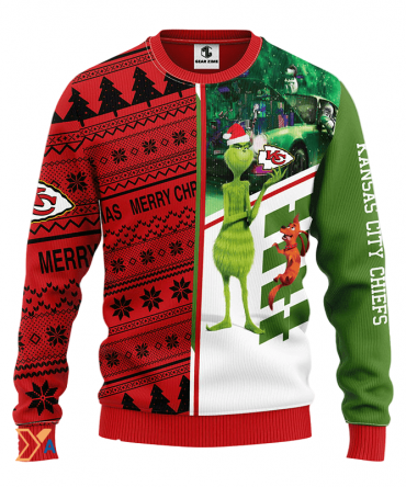 Ugly Christmas Sweater KCChiefs, Grinch Scooby-Doo Green/White/Red