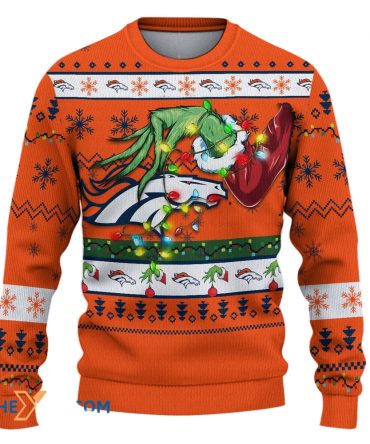 Ugly Christmas Sweater Denver-Broncos, United In Orange Grinch Christmas Snowflakes Orange