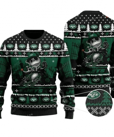 Ugly Christmas Sweater New-York-Jets, Skellington Green/White