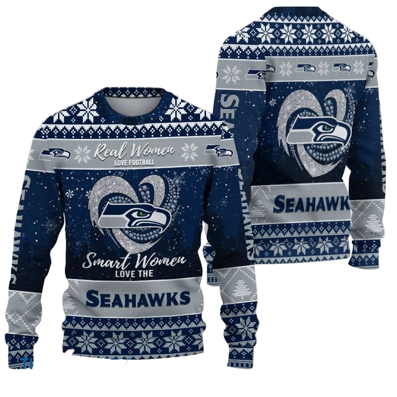 Ugly Christmas Sweater Seattle-Seahawks, Grinch Christmas Seattle-Seahawks In Heart Snowflakes City Shadow Navy Gray