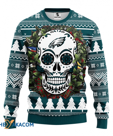 Ugly Christmas Sweater Philadelphia-Eagles, Skull Flower Green/White