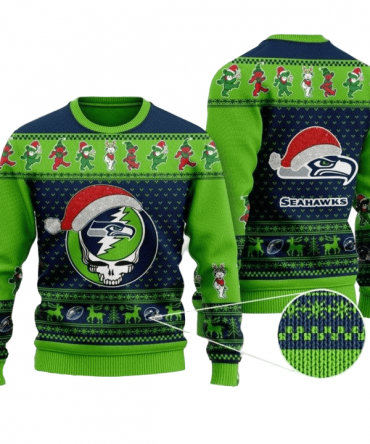 Ugly Christmas Sweater Seattle-Seahawks, Skull Blue/Green