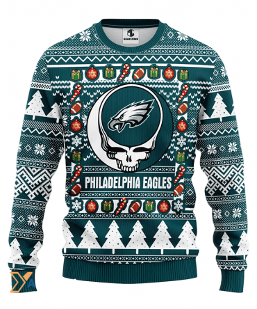 Ugly Christmas Sweater Philadelphia-Eagles, Skull Dark Green/White