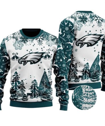 Ugly Christmas Sweater Philadelphia-Eagles, Fly Philadelphia-Eagles Fly Grinch Christmas Snowflakes Pine Tree White Teal