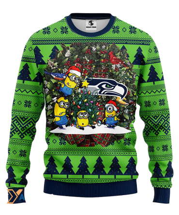 Ugly Christmas Sweater Seattle-Seahawks, Minion Blue/Green