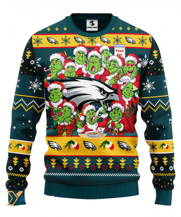 Ugly Christmas Sweater Philadelphia-Eagles, 12 Grinch Dark Green/Yellow