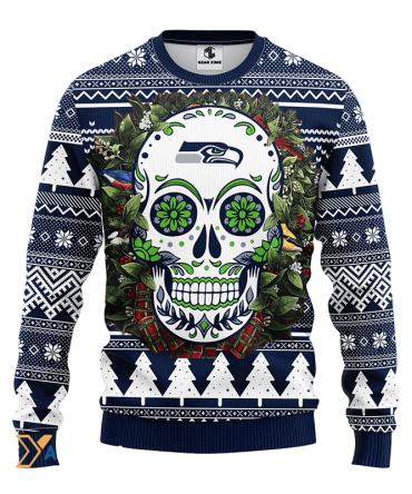 Ugly Christmas Sweater Seattle-Seahawks, Skull Flower Blue/White