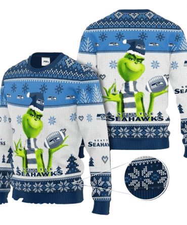 Ugly Christmas Sweater Seattle-Seahawks, The Grinch Blue/White