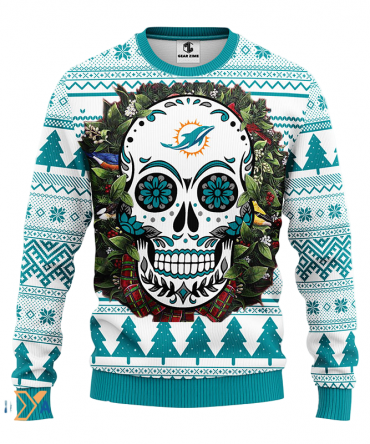 Ugly Christmas Sweater Miamidolphins, Skull Flower Green/White