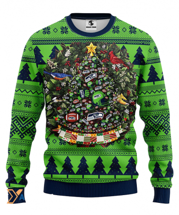 Ugly Christmas Sweater Seattle-Seahawks, Tree Ball Christmas Blue/Green