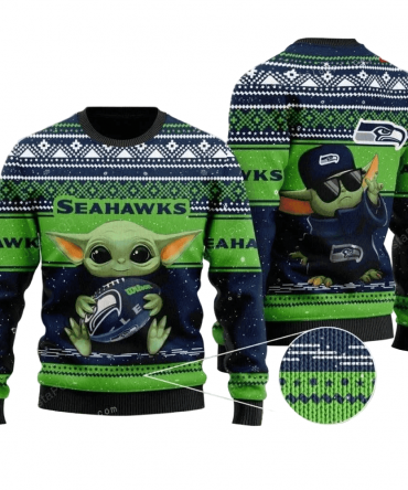 Ugly Christmas Sweater Seattle-Seahawks, Baby Yoda Blue/Green