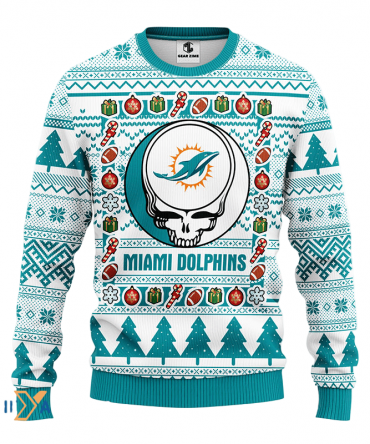 Ugly Christmas Sweater Miamidolphins, Skull Light Blue/White