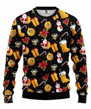 Ugly Christmas Sweater Pittsburgh, Penguins Santa Claus Snowman Black