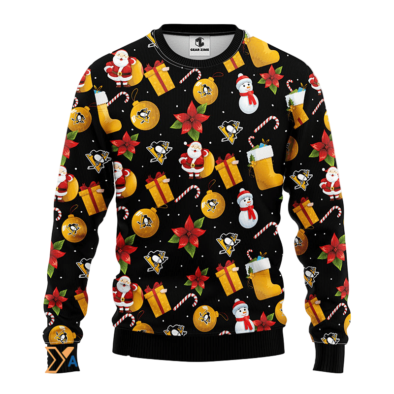 Ugly Christmas Sweater Pittsburgh, Penguins Santa Claus Snowman Black