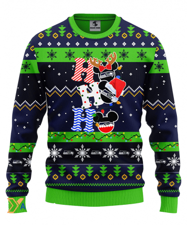 Ugly Christmas Sweater Seattle-Seahawks, HoHoHo Graphics Mouse Blue/Green