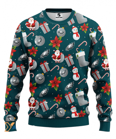 Ugly Christmas Sweater Philadelphia-Eagles, Santa Claus Snowman Green