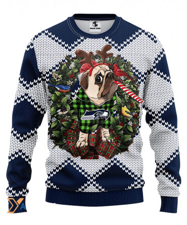 Ugly Christmas Sweater Seattle-Seahawks, Pub Dog Blue/White