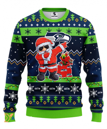 Ugly Christmas Sweater Seattle-Seahawks, Santa Claus Green/Blue
