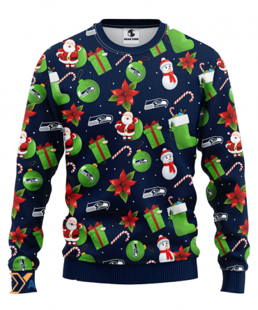 Ugly Christmas Sweater Seattle-Seahawks, Santa Claus Snowman Blue/Green