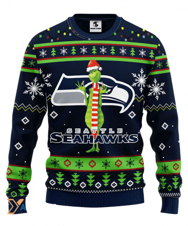Ugly Christmas Sweater Seattle-Seahawks, The Grinch Green/Blue