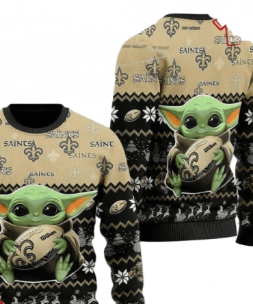 Ugly Christmas Sweater New-Orleans-Saints, Baby Yoda Beige/Black