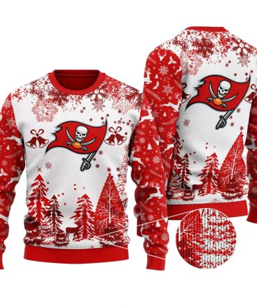 Ugly Christmas Sweater Tampa-Bay-Buccaneers, Fire The Cannons Grinch Christmas Snowflakes Pine Tree White Red