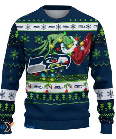 Ugly Christmas Sweater Seattle-Seahawks, Emerald City Grinch Christmas Snowflakes Navy