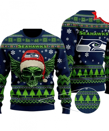 Ugly Christmas Sweater Seattle-Seahawks, Skull Green/Blue